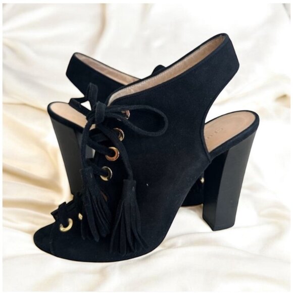 CLUB MONACO Black Gold Suede Laceup Heels Size 38/8 - Picture 1 of 8